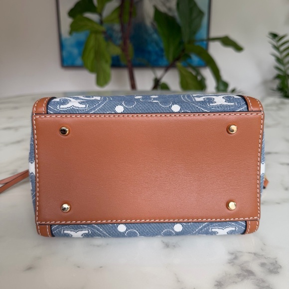 Tory Burch Petite T Monogram Denim Barrel Crossbody Satchel Bag Blue Tan Leather - Picture 6 of 14